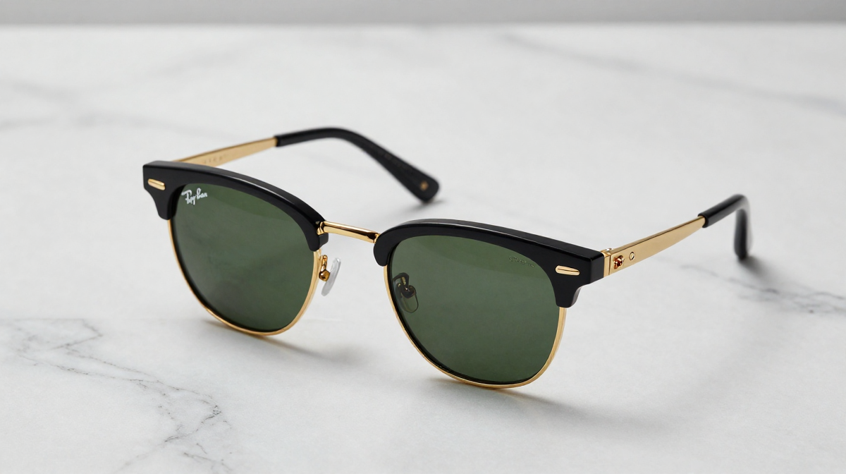 Rayban Clubmaster คืออะไร รุ่น ขนาด และ Asian Fit สำหรับคนไทย 2026 แว่น Rayban Clubmaster กรอบสีดำทองทรง Browline สไตล์คลาสสิก
