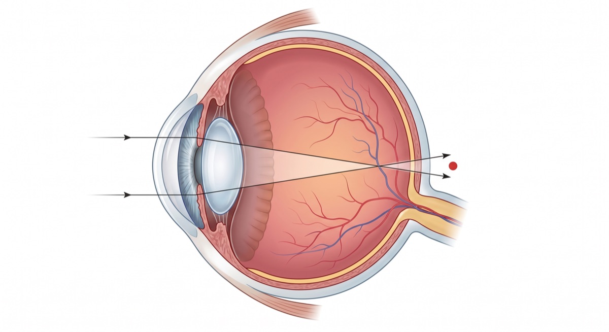 สายตายาวแฝง คืออะไร อาการเป็นยังไง - แผนตาข้างขวาแสดงการโฟกัสแสงหลังจอตา