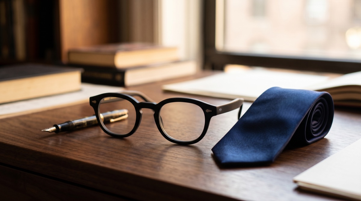 Moscot Lemtosh Matte Black แว่นทรงกลมบนโต๊ะไม้วอลนัต