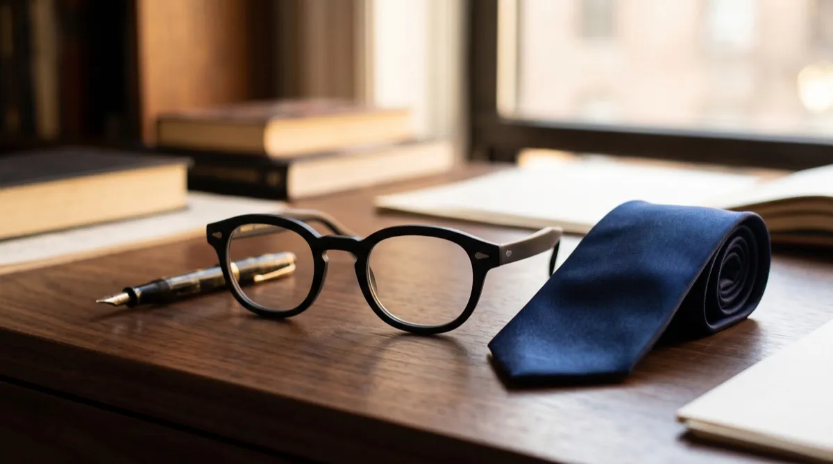 Moscot Lemtosh Matte Black แว่นทรงกลมบนโต๊ะไม้วอลนัต