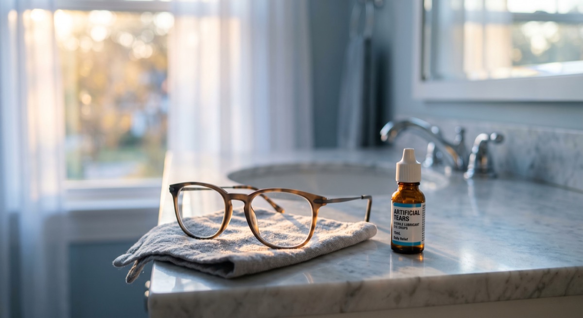 แว่นตาบนโต๊ะหน้ากระจกตอนเช้า แสงแดดสาดผ่านหน้าต่าง น้ำตาเทียมวางอยู่ข้างๆ