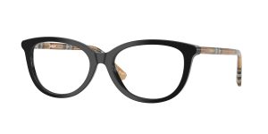 Burberry BE2431F 4161 แว่นสายตาทรงตาแมวสีดำขัดเงา ขาลาย Tubular Check สำหรับผู้หญิง