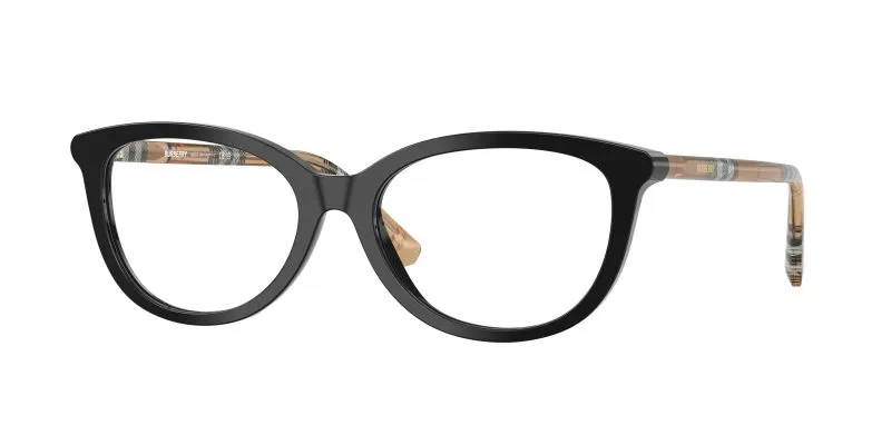 Burberry BE2431F 4161 แว่นสายตาทรงตาแมวสีดำขัดเงา ขาลาย Tubular Check สำหรับผู้หญิง