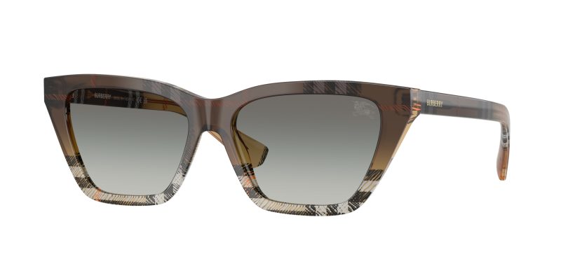 Burberry BE4468F 420211 แว่นกันแดดทรงตาแมวอะซิเตทลายหมากรุกเลนส์เทาไล่ระดับ สุภาพสตรี