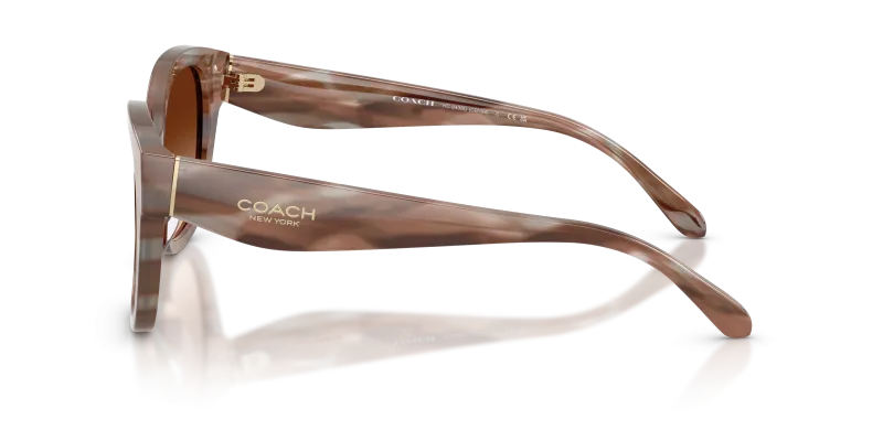 แว่นกันแดด Coach HC8438U 590174 มุมข้าง กรอบอะซิเตทลายไม้ไหล