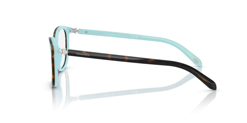 แว่นสายตา Tiffany & Co TF2109BF 8134 มุมข้าง เผยสีฟ้า Tiffany Blue ใต้ชั้นฮาวานา