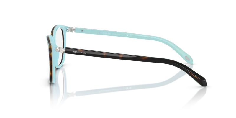 แว่นสายตา Tiffany & Co TF2109BF 8134 มุมข้าง เผยสีฟ้า Tiffany Blue ใต้ชั้นฮาวานา