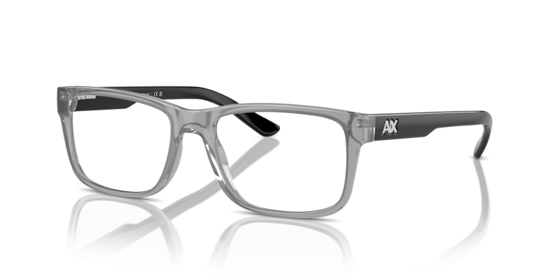 กรอบแว่นสายตา Armani Exchange AX3016-8239 Shiny Transparent Grey Armani Exchange AX3016 8239 แว่นสายตากรอบยืดหยุ่นทรงสี่เหลี่ยมสีเทาโปร่งใสประกาย สำหรับผู้ชาย