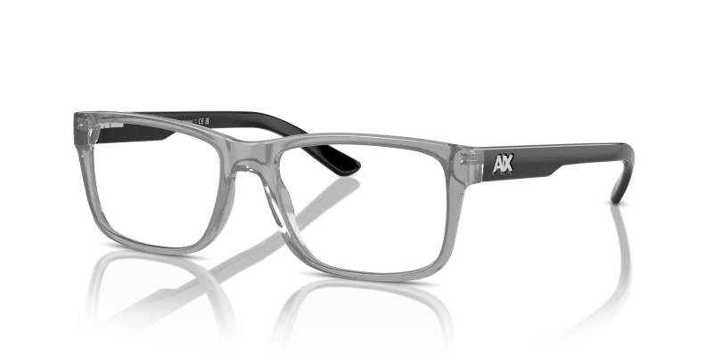 กรอบแว่นสายตา Armani Exchange AX3016-8239 Shiny Transparent Grey Armani Exchange AX3016 8239 แว่นสายตากรอบยืดหยุ่นทรงสี่เหลี่ยมสีเทาโปร่งใสประกาย สำหรับผู้ชาย