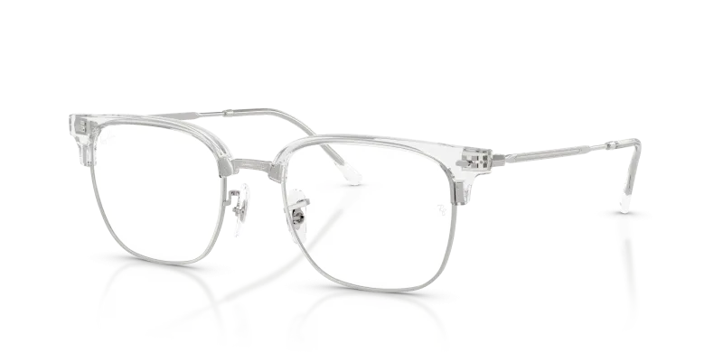 กรอบแว่นสายตา Rayban New Clubmaster RX7216F-2001 Transparent On Silver แว่นสายตา Rayban RX7216F-2001 มุมเฉียง โปร่งใสบนสีเงิน สำหรับผู้ใช้ทุกเพศ