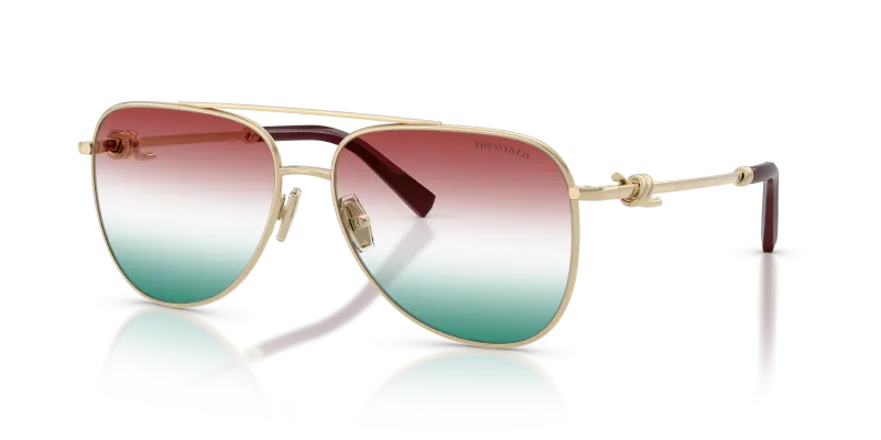 Tiffany & Co TF3116 6230EL แว่นกันแดดทรงนักบินโลหะทองอ่อน เลนส์ไล่ระดับเขียวบอร์กโดซ์ ผู้หญิง