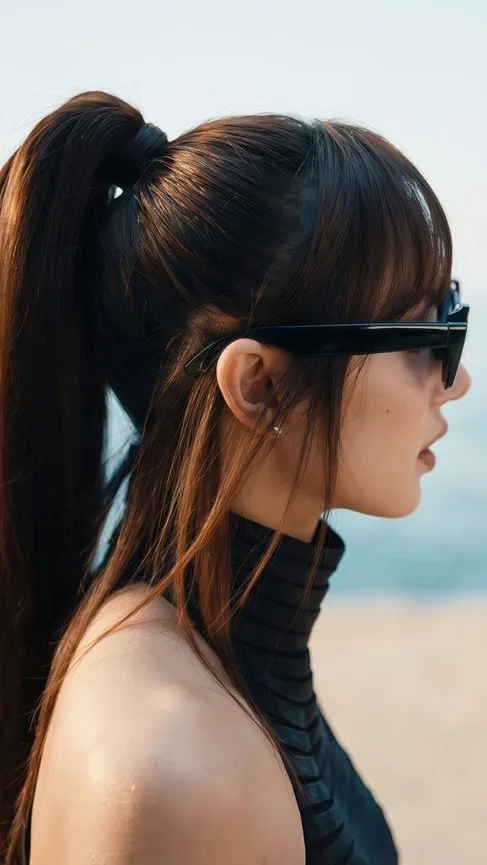หญิงสาวผมหางม้าสวมแว่นกันแดดสีดำ มองด้านข้างริมทะเล