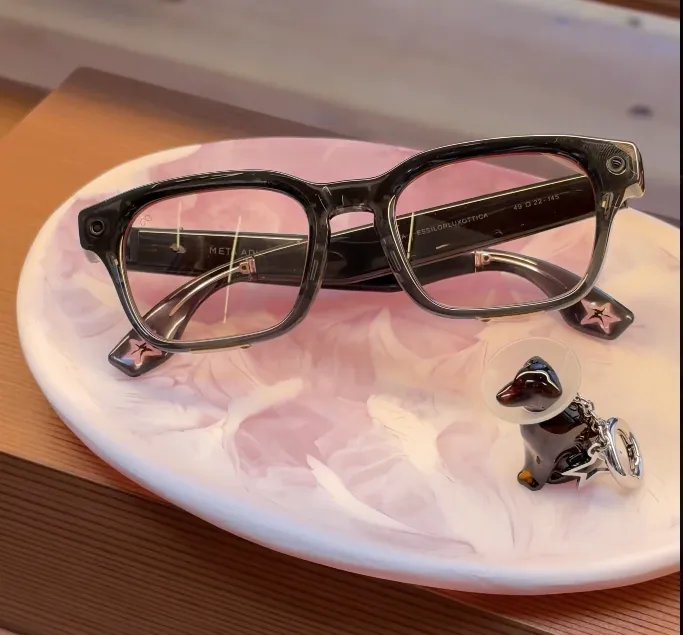 แว่น Meta Adventurer LISA Edition วางบนจานสีชมพู พร้อมชาร์มรูปสุนัขใส่ปลอกคอกันเลีย