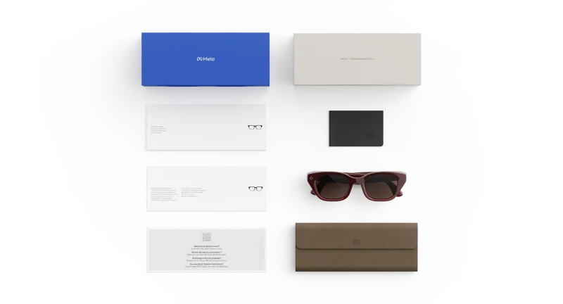 แว่น Meta Capri กรอบ Crimson เลนส์ Polarized Chocolate อุปกรณ์ในกล่องพร้อมเคสชาร์จ