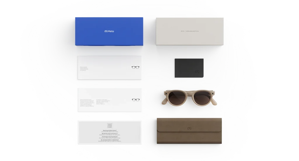 อุปกรณ์ในกล่อง แว่น Meta Nova กรอบ Sandstone เลนส์ Chocolate พร้อมเคสชาร์จ