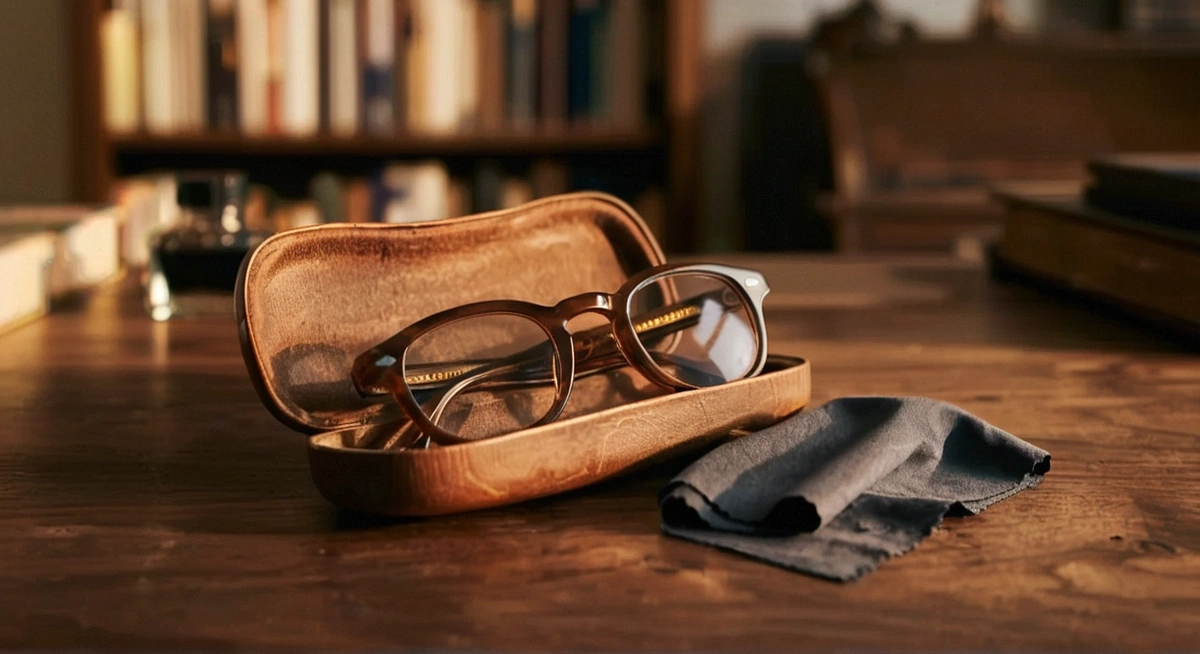 Moscot Lemtosh Tortoise ในกล่องหนังแท้ บนโต๊ะไม้วอลนัท