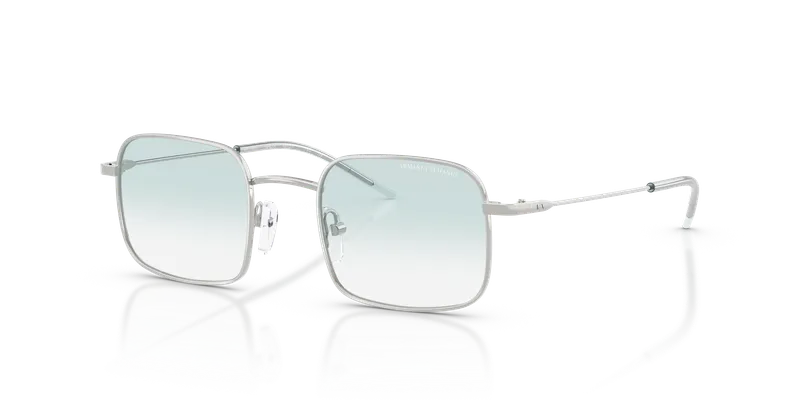 แว่นกันแดด Armani Exchange AX2055S-60453F มุมเฉียง กรอบสี่เหลี่ยมจัตุรัสโลหะสีเงินประกาย เลนส์สีฟ้าใสไล่ระดับ สำหรับผู้หญิง