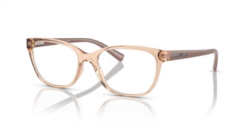 แว่นสายตา Armani Exchange AX3037-8342 มุมเฉียง กรอบทรงตาแมวเต็มขอบสีทุนดราโปร่งใสประกายผิวขัดเงา สำหรับผู้หญิง