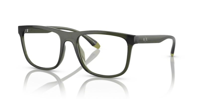กรอบแว่นสายตา Armani Exchange AX3101U-8341 Shiny Transparent Green แว่นสายตา Armani Exchange AX3101U-8341 สีเขียวใสมันเงา ทรงหมอน (Pillow) ฉีด มุมสามส่วน