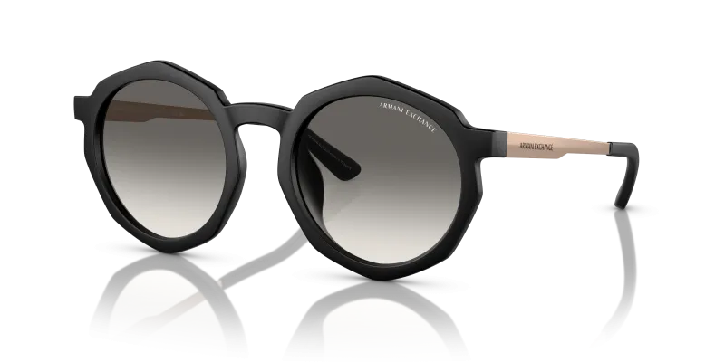 แว่นกันแดด Armani Exchange AX4132SU-815811 มุมเฉียง กรอบทรงเรขาคณิตสีดำด้าน ขาโลหะทองชมพูประกาย เลนส์เทาไล่ระดับ สำหรับผู้หญิง