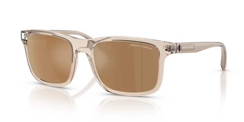แว่นกันแดด Armani Exchange AX4145SF-83445A มุมเฉียง อะซิเตทสีน้ำตาลโปร่งใสประกาย เลนส์น้ำตาลมิเรอร์ทองโพลาไรซ์ สำหรับผู้ชาย