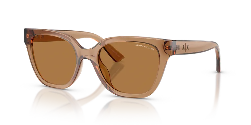 แว่นกันแดด Armani Exchange AX4164SU-839673 มุมเฉียง สีน้ำตาลโปร่งใสประกายทรงตาแมว เลนส์สีบรอนซ์ สำหรับผู้หญิง