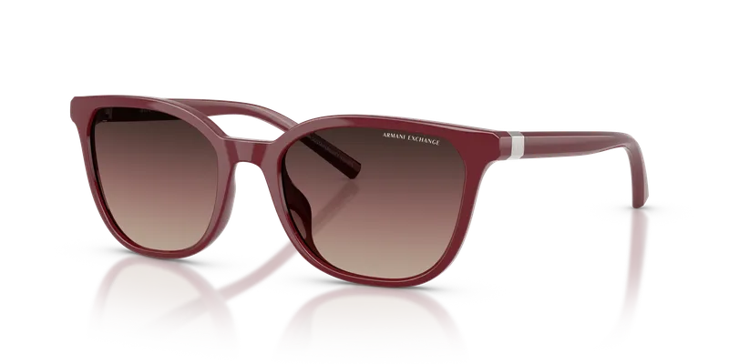 แว่นกันแดด Armani Exchange AX4168SU-8387E2 Shiny Bordeaux Brown Gradient Purple Gradient Black แว่นกันแดด Armani Exchange AX4168SU-8387E2 มุมเฉียง กรอบบอร์โดประกายทรงตาแมว เลนส์น้ำตาลและม่วงไล่ระดับดำ สำหรับผู้หญิง