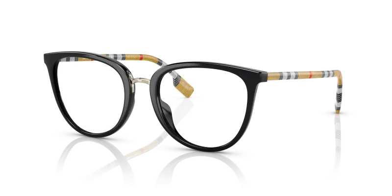 แว่นสายตา Burberry BE2366U-3853 มุมเฉียง ทรงตาแมวสีดำ ขาแว่นลาย Vintage Check สำหรับผู้หญิง