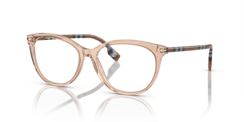 กรอบแว่นสายตา Burberry BE2389F-4088 Peach แว่นสายตา Burberry BE2389F-4088 มุมเฉียง ทรงเรขาคณิตสีพีช ขาลายเช็กสีน้ำตาล สำหรับผู้หญิง