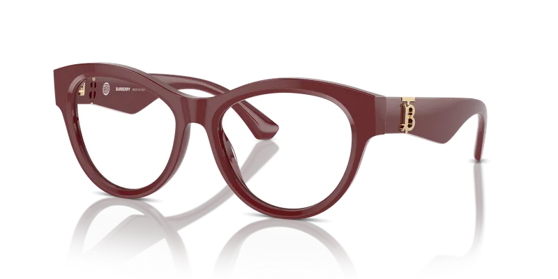 แว่นสายตา Burberry BE2404F-4119 มุมเฉียง ทรงกลมสีบอร์โด หน้ากรอบอะซิเตท ขาวัสดุฉีด สำหรับผู้หญิง