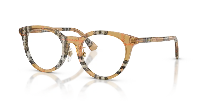 แว่นสายตา Burberry BE2429F-4163 มุมเฉียง สีทรายลายหมากรุก ทรงกลม สำหรับผู้หญิง