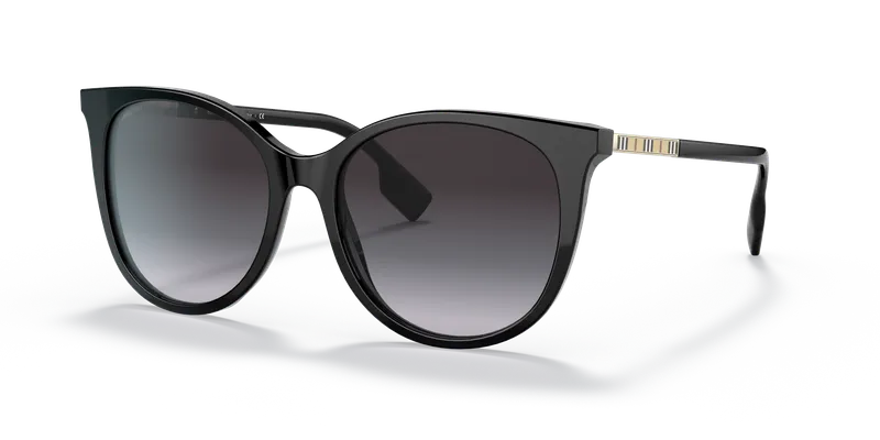 แว่นกันแดด Burberry BE4333F-30018G มุมเฉียง สีดำทรงตาแมว เลนส์เทาไล่ระดับ สำหรับผู้หญิง