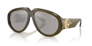 แว่นกันแดด Burberry BE4479U-41946G มุมเฉียง กรอบทรงนักบินสีเขียว เลนส์ปรอทสีเทาอ่อนอมเงิน สำหรับผู้หญิง