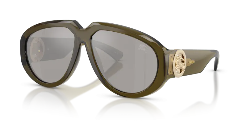 แว่นกันแดด Burberry BE4479U-41946G มุมเฉียง กรอบทรงนักบินสีเขียว เลนส์ปรอทสีเทาอ่อนอมเงิน สำหรับผู้หญิง