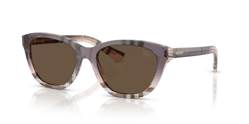แว่นกันแดด Burberry BE4486-422073 มุมเฉียง กรอบอะซิเตทสีชมพูลายหมากรุก เลนส์สีน้ำตาลสด สำหรับผู้หญิง