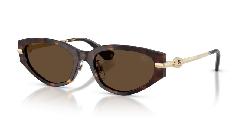 แว่นกันแดด Burberry BE4493D-300273 มุมเฉียง ทรงเรขาคณิตสีฮาวานาเข้ม ขาแว่นโลหะสีทองอ่อน เลนส์สีน้ำตาลเข้ม สำหรับผู้หญิง