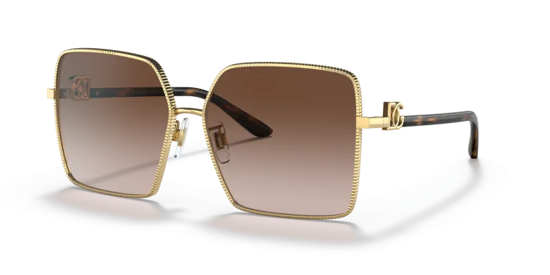 แว่นกันแดด Dolce & Gabbana DG2279-02/13 มุมเฉียง กรอบโลหะทรงสี่เหลี่ยมจัตุรัสสีทอง เลนส์น้ำตาลไล่ระดับ สำหรับผู้หญิง