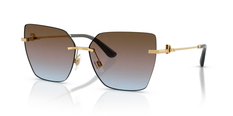 แว่นกันแดด Dolce & Gabbana DG2321-02/48 มุมเฉียงโครงโลหะทองไร้ขอบ เลนส์ฟ้า ชมพู และน้ำตาลไล่ระดับ ไซซ์ 62