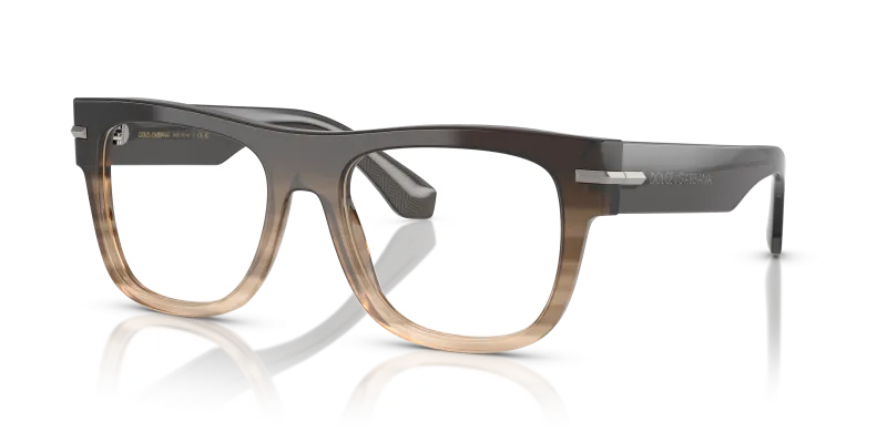 แว่นสายตา Dolce & Gabbana DG3407-3484 มุมเฉียง กรอบอะซิเตททรงสี่เหลี่ยมจัตุรัสเต็มขอบสีไล่ระดับสีเทาแถบ ผิวขัดเงา สำหรับผู้ชาย
