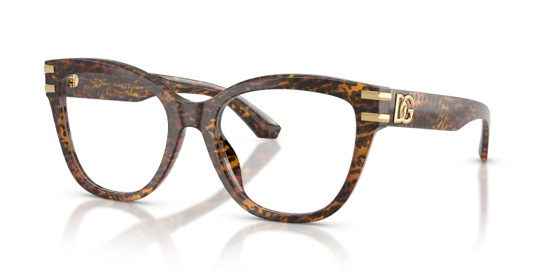 แว่นสายตา Dolce & Gabbana DG3418-3470 มุมเฉียง กรอบอะซิเตทสีน้ำตาลโปร่งใส ขาแว่นสีเดียวกับหน้ากรอบ สำหรับผู้หญิง