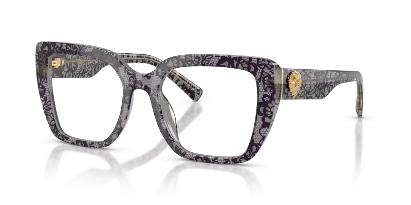 แว่นสายตา Dolce & Gabbana DG3441-3471 มุมเฉียง กรอบอะซิเตทลายพิมพ์ลูกไม้สีดำผิวขัดเงา สำหรับผู้หญิง