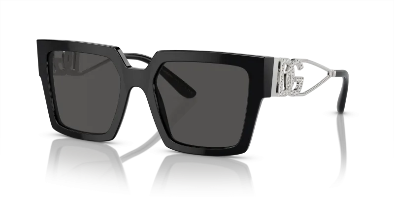 แว่นกันแดด Dolce & Gabbana DG4446B-501/87 Black Dark Grey แว่นกันแดด Dolce & Gabbana DG4446B-501/87 มุมเฉียง กรอบอะซิเตททรงสี่เหลี่ยมจัตุรัสสีดำ ขาแว่นโลหะสีเงิน เลนส์เทาเข้ม สำหรับผู้หญิง