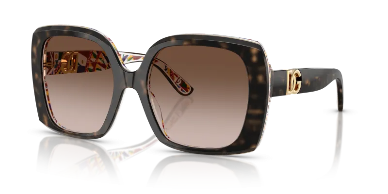แว่นกันแดด Dolce & Gabbana DG4475-321713 มุมเฉียง กรอบอะซิเตทลายเต่าฮาวานาพื้นแบร์โรว์ขาว เลนส์น้ำตาลไล่ระดับ สำหรับผู้หญิง