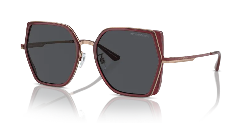 แว่นกันแดด Emporio Armani EA2142D-333487 Shiny Rose Gold Opal Bordeaux แว่นกันแดด Emporio Armani EA2142D-333487 มุมเฉียงโลหะโรสโกลด์กับบอร์โดซ์โอปอล เลนส์เทาเข้ม ไซซ์ 56