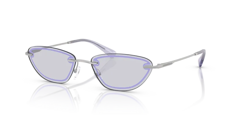 แว่นกันแดด Emporio Armani EA2158-30451A มุมเฉียงโครงโลหะสีเงินและขาเงินประกาย เลนส์ม่วงไลแลก ไซซ์ 57