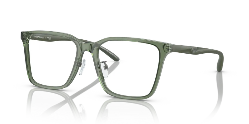 แว่นสายตา Emporio Armani EA3232D-6061 มุมเฉียงอะซิเตทเขียวมะกอกโปร่งใสผิวเงากับขาเขียวด้าน ไซซ์ 56