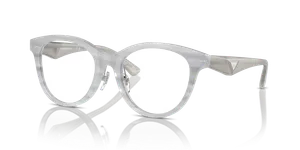 แว่นสายตา Emporio Armani EA3236F-6114 มุมเฉียงอะซิเตทลายแถบเทาผิวเงากับขาเทาโอปอลประกาย ไซซ์ 52