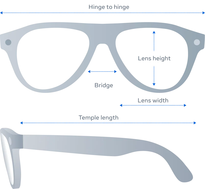 แผนภาพจุดวัดขนาดกรอบ Rayban Meta Aviator Gen 3 มุมหน้าและมุมข้าง
