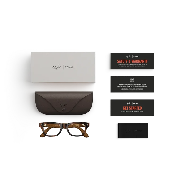 Items included with purchase of Rayban Meta glasses – Rayban Meta charging case, Rayban Meta AI glasses and getting started guide.