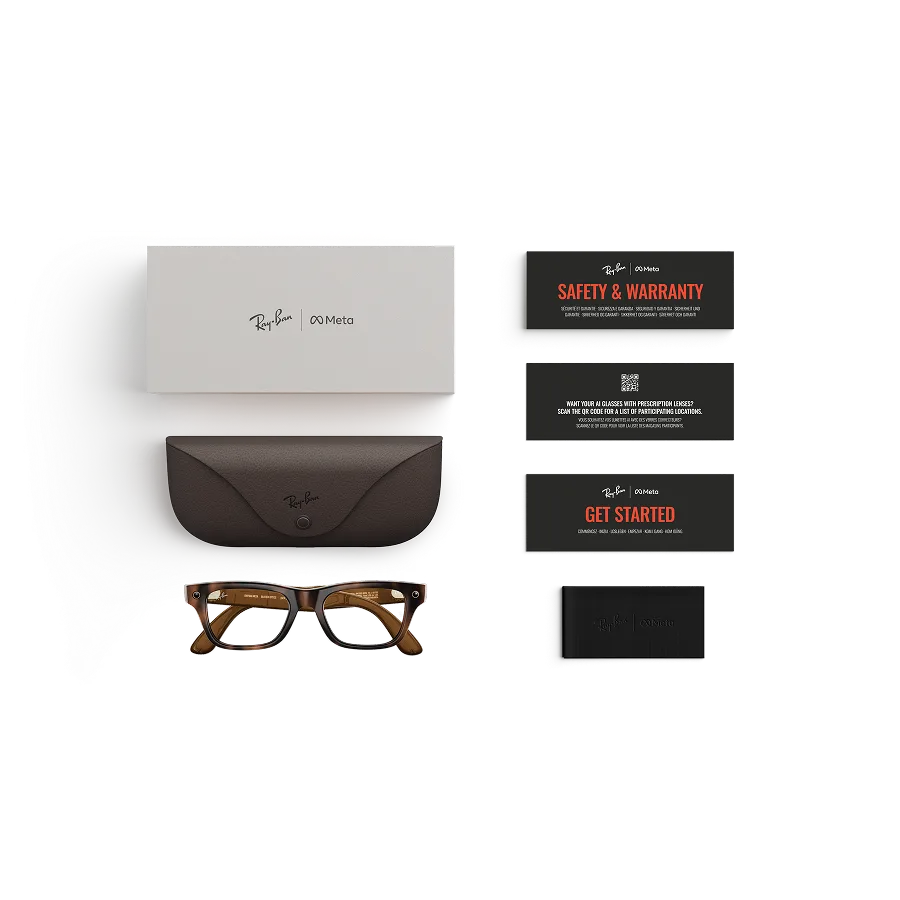 Items included with purchase of Rayban Meta glasses – Rayban Meta charging case, Rayban Meta AI glasses and getting started guide.